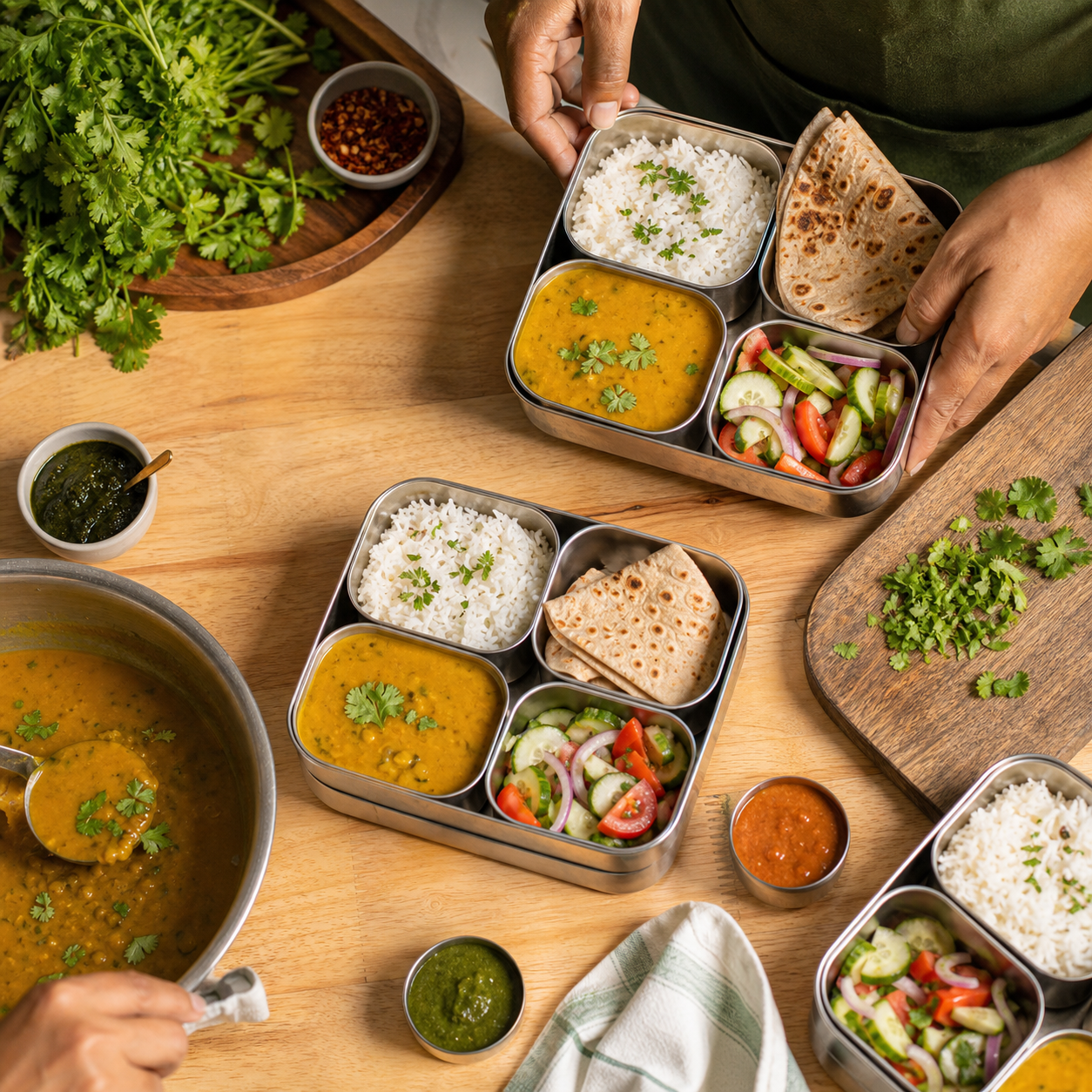 Fresh Indian meals being packed into reusable lunch boxes